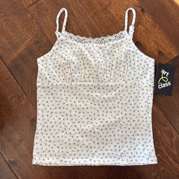 Art Class Girls S 6/7 Lace Trim Cami Tank Top Purple Floral Ruched Feminine - Picture 1 of 6
